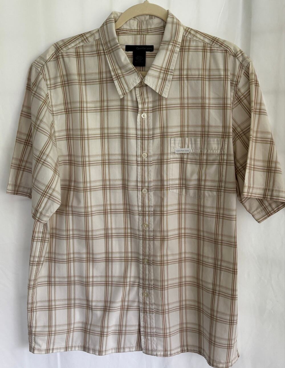 Calvin Klein Jeans Mens XL Plaid Check Button Up Shirt Short Sleeve 100% Cotton